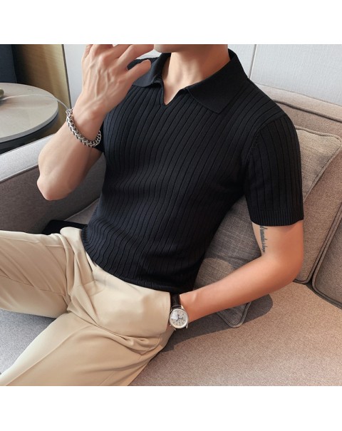 2022 British Style POLO Shirts Men Knitting Short Sleeve Shirts Solid Color Lapel Business Casual Top Summer Social Clothing 3XL