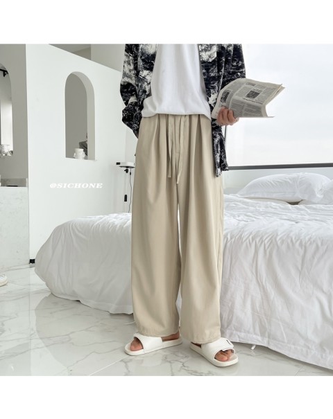 Summer Thin Casual Pants Men Fashion Drawstring Ice Silk Pants Men Streetwear Loose Wide-leg Pants Mens Straight Trousers M-2XL