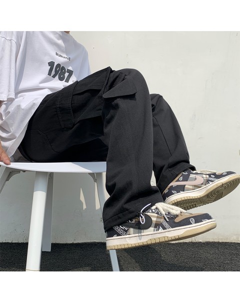 Black/white Casual Pants Men's Fashion Loose Straight Wide Leg Pants Men Streetwear Hip-hop Pocket Cargo Pants Mens Trousers
