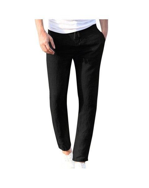 Feitong Fashion Cotton Linen Pants Men Casual Work Solid White Elastic Waist Streetwear Long Pants Trousers