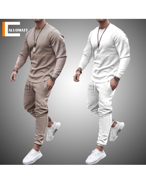 Autumn New Men Tracksuit Casual Solid Sports Set Long Sleeved TShirt 2 Pieces Sets+Pants Fashion Brand Jogger Fitness Sportswear
