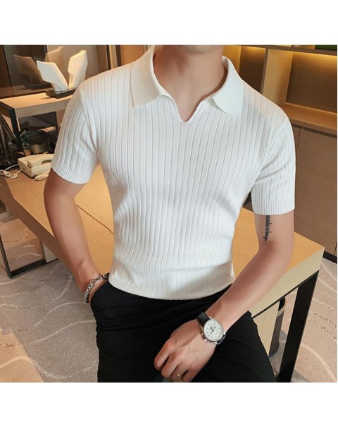2022 British Style POLO Shirts Men Knitting Short Sleeve Shirts Solid Color Lapel Business Casual Top Summer Social Clothing 3XL