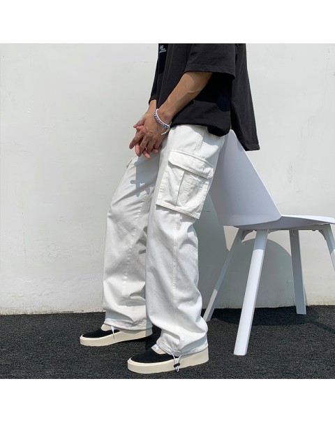 Black/white Casual Pants Men's Fashion Loose Straight Wide Leg Pants Men Streetwear Hip-hop Pocket Cargo Pants Mens Trousers