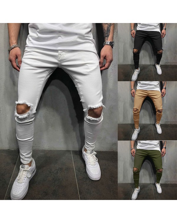Men Skinny Casual Pants 2022 Hip Pop Hole Harem Pa...