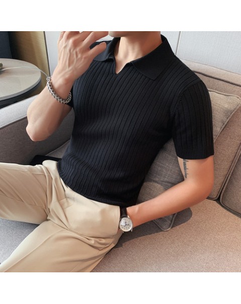 2022 British Style POLO Shirts Men Knitting Short Sleeve Shirts Solid Color Lapel Business Casual Top Summer Social Clothing 3XL
