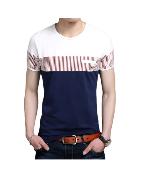 New Summer Stripe T Shirt Men Cotton Short Sleeve O Neck Casual Tshirts Mens Fashion Slim Fit Patchwork Tops Tees Men Clothing