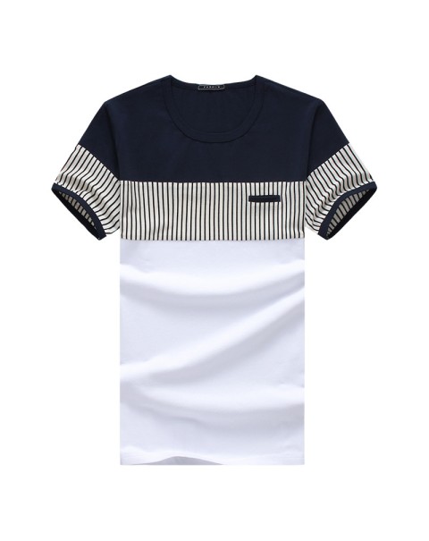 New Summer Stripe T Shirt Men Cotton Short Sleeve O Neck Casual Tshirts Mens Fashion Slim Fit Patchwork Tops Tees Men Clothing