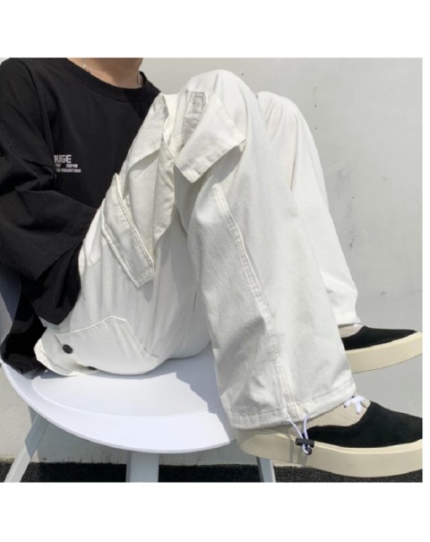 Black/white Casual Pants Men's Fashion Loose Straight Wide Leg Pants Men Streetwear Hip-hop Pocket Cargo Pants Mens Trousers