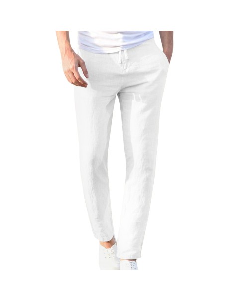 Feitong Fashion Cotton Linen Pants Men Casual Work Solid White Elastic Waist Streetwear Long Pants Trousers