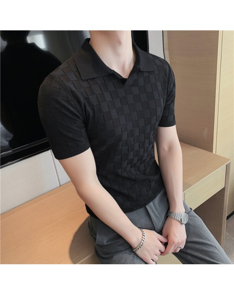 Black/Gray/Green Summer Fashion Sexy Plaid Polo Shirts For Men Clothing 2022 Stretched Slim Fit Casual Short Sleeve Polo Homme
