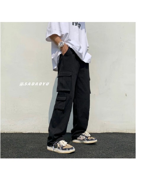 Black/white Casual Pants Men's Fashion Loose Straight Wide Leg Pants Men Streetwear Hip-hop Pocket Cargo Pants Mens Trousers