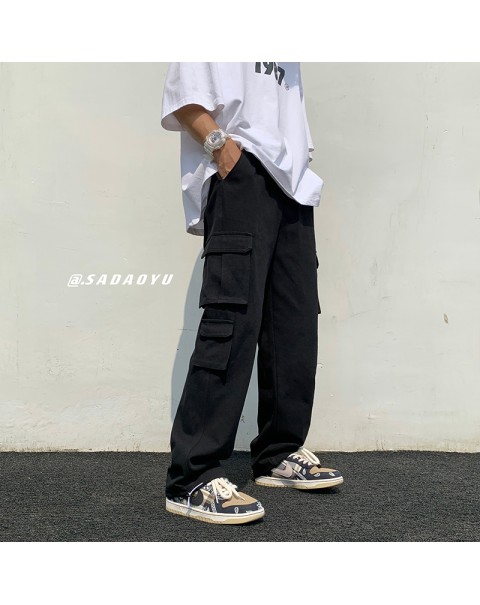 Black/white Casual Pants Men's Fashion Loose Straight Wide Leg Pants Men Streetwear Hip-hop Pocket Cargo Pants Mens Trousers