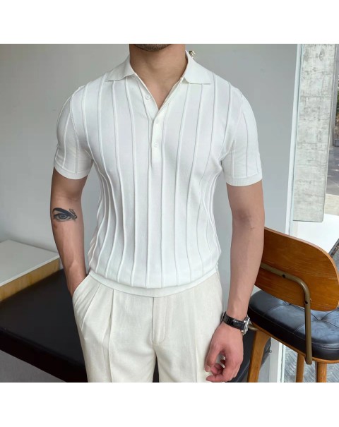 2022 Spring Summer Knit Polo Shirt Men Casual Turn-down Collar Button-up Fashion Striped Solid Slim Tops Ice Silk Fabric T-shirt