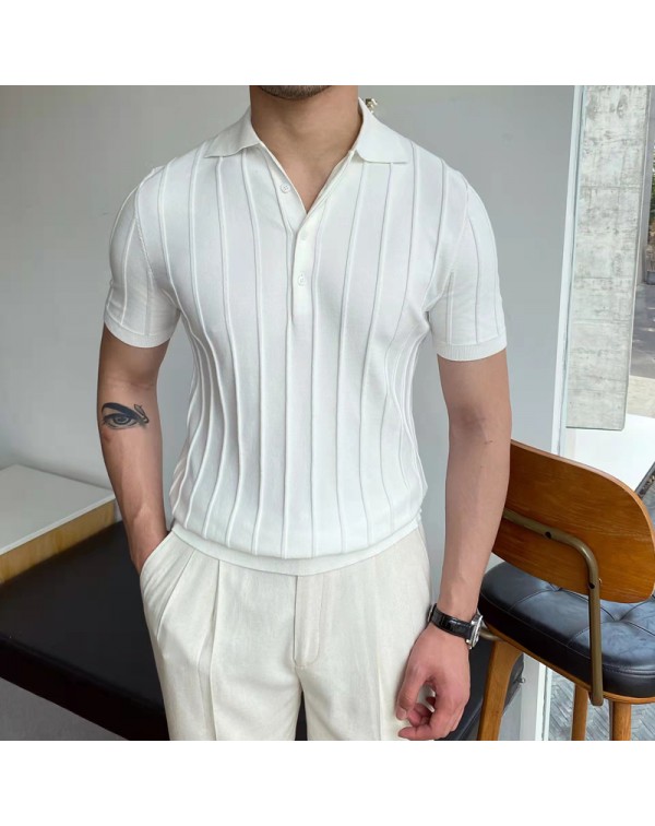 2022 Spring Summer Knit Polo Shirt Men Casual Turn...
