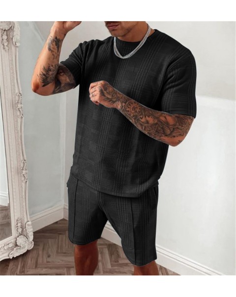 2022 Summer Men's Patchwork Casual 2 Piece Fashion O Neck Short Sleeve T Shirt and Drawstring Sports Running Shorts Black Outfit