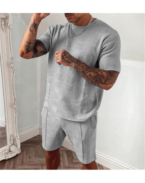 2022 Summer Men's Patchwork Casual 2 Piece Fashion O Neck Short Sleeve T Shirt and Drawstring Sports Running Shorts Black Outfit