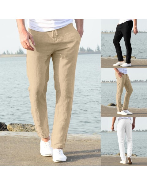 Feitong Fashion Cotton Linen Pants Men Casual Work Solid White Elastic Waist Streetwear Long Pants Trousers