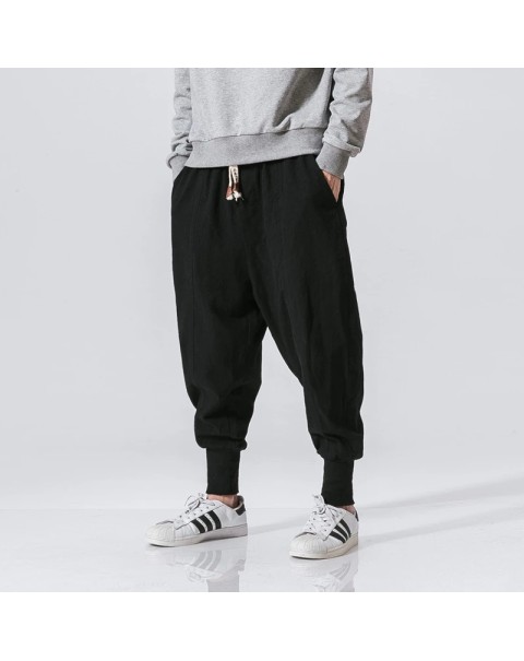 Cotton Linen Harem Pants Men Solid Elastic Waist Streetwear Joggers 2022 New Baggy Drop-crotch Pants Casual Trousers Men