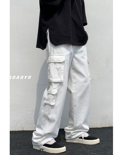 Black/white Casual Pants Men's Fashion Loose Straight Wide Leg Pants Men Streetwear Hip-hop Pocket Cargo Pants Mens Trousers