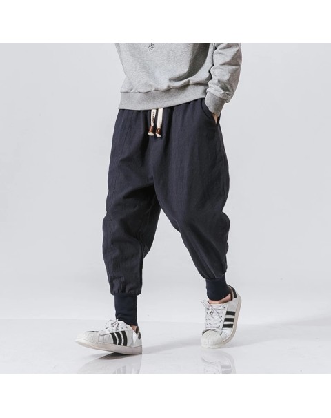Cotton Linen Harem Pants Men Solid Elastic Waist Streetwear Joggers 2022 New Baggy Drop-crotch Pants Casual Trousers Men