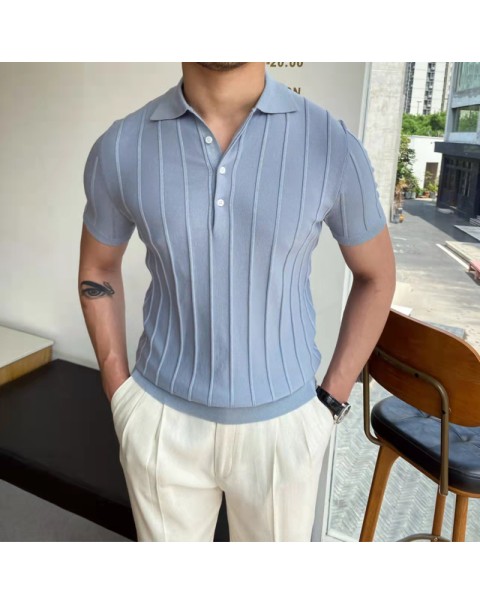 2022 Spring Summer Knit Polo Shirt Men Casual Turn-down Collar Button-up Fashion Striped Solid Slim Tops Ice Silk Fabric T-shirt