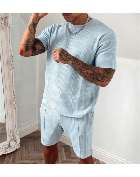 2022 Summer Men's Patchwork Casual 2 Piece Fashion O Neck Short Sleeve T Shirt and Drawstring Sports Running Shorts Black Outfit