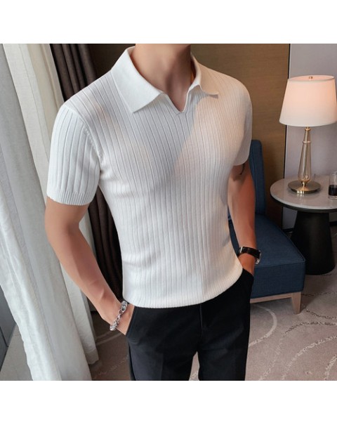 2022 British Style POLO Shirts Men Knitting Short Sleeve Shirts Solid Color Lapel Business Casual Top Summer Social Clothing 3XL