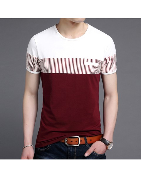 New Summer Stripe T Shirt Men Cotton Short Sleeve O Neck Casual Tshirts Mens Fashion Slim Fit Patchwork Tops Tees Men Clothing
