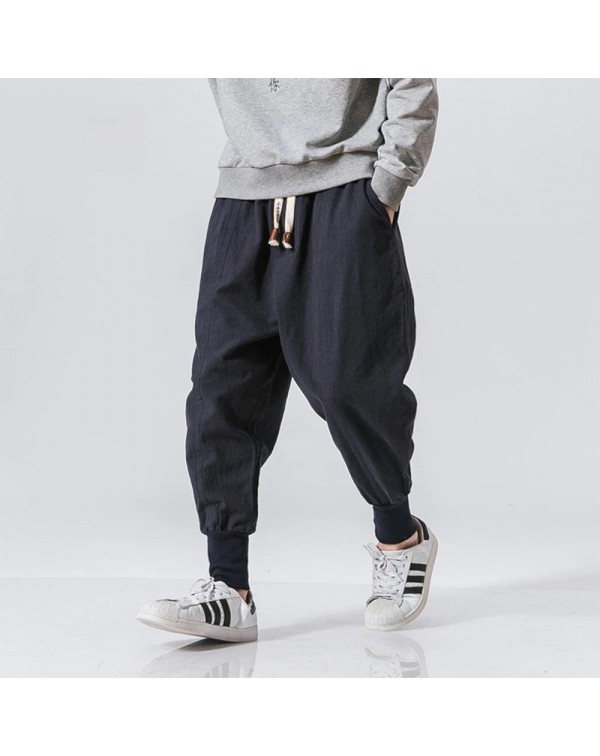 Cotton Linen Harem Pants Men Solid Elastic Waist S...