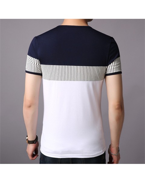 New Summer Stripe T Shirt Men Cotton Short Sleeve O Neck Casual Tshirts Mens Fashion Slim Fit Patchwork Tops Tees Men Clothing