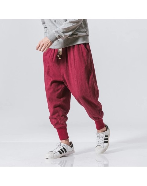 Cotton Linen Harem Pants Men Solid Elastic Waist Streetwear Joggers 2022 New Baggy Drop-crotch Pants Casual Trousers Men