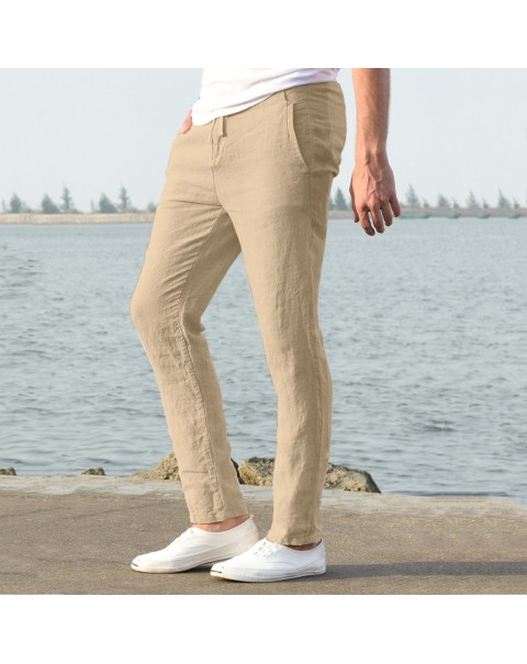 Feitong Fashion Cotton Linen Pants Men Casual Work Solid White Elastic Waist Streetwear Long Pants Trousers