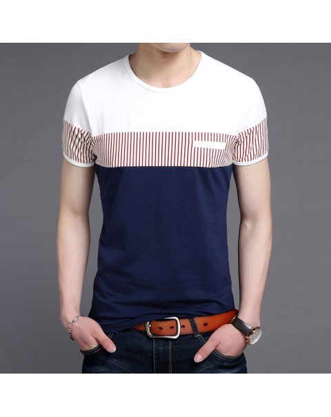 New Summer Stripe T Shirt Men Cotton Short Sleeve O Neck Casual Tshirts Mens Fashion Slim Fit Patchwork Tops Tees Men Clothing