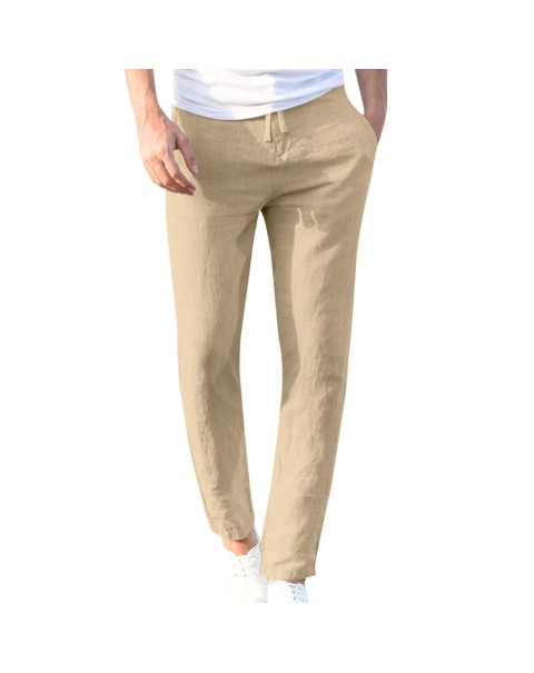 Feitong Fashion Cotton Linen Pants Men Casual Work Solid White Elastic Waist Streetwear Long Pants Trousers