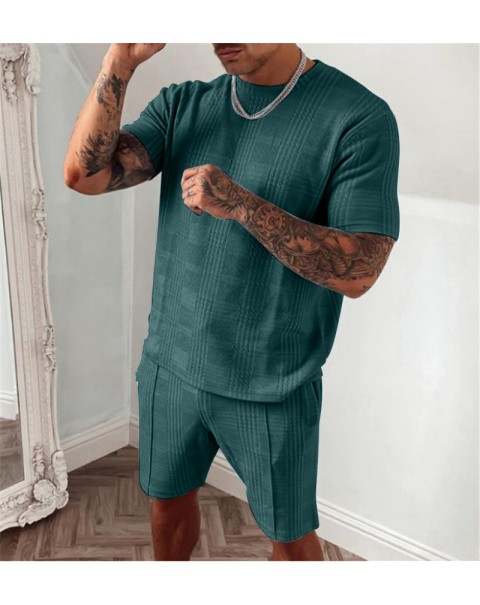 2022 Summer Men's Patchwork Casual 2 Piece Fashion O Neck Short Sleeve T Shirt and Drawstring Sports Running Shorts Black Outfit