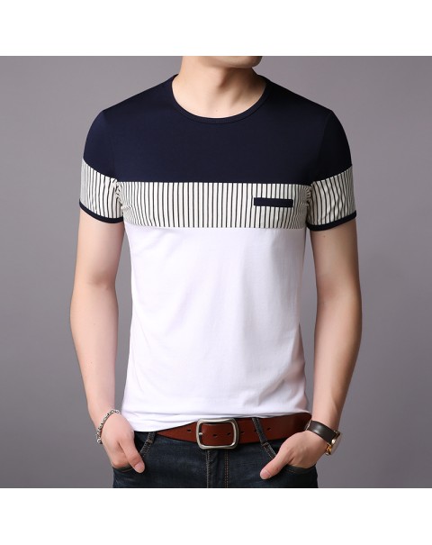 New Summer Stripe T Shirt Men Cotton Short Sleeve O Neck Casual Tshirts Mens Fashion Slim Fit Patchwork Tops Tees Men Clothing